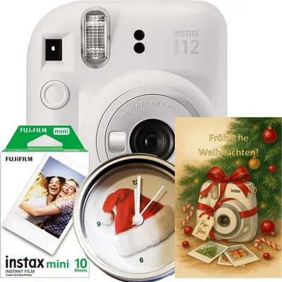 Produktbild von Weihnachts-Set Fujifilm Instax Mini 12 Weiß mit 10 Filmen, Lichtergirlande, Grußkarte & Weihnachtsuhr