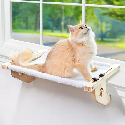Image de AMOSIJOY, barre de fenêtre pour chat, hamac stable pour chat, siège de fenêtre en bois