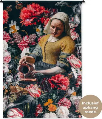 Produktbild von MuchoWow® Wandteppich Wandbehang Milchmädchen - Johannes Vermeer - Blumen - Rosa 120x180 cm Tapisserie Dekoration Wandtuch - Schlafzimmer - Dekorationen für das Haus