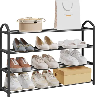 A multi-tiered shoe rack filled with various shoes, a hat box, and a shopping bag.