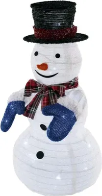 A decorative snowman figure with a top hat, scarf, and mittens, illuminated by LED lights.