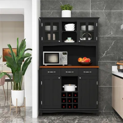 Image de Armoire de cuisine - Buffet de cuisine - Armoire - Meuble de rangement - Rangement - Noir - 3 tiroirs et étagères réglables