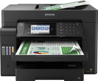 A black Epson EcoTank ET-16600 4-in-1 inkjet multifunction printer is shown from the front, with a document being printed and another document in the feeder.