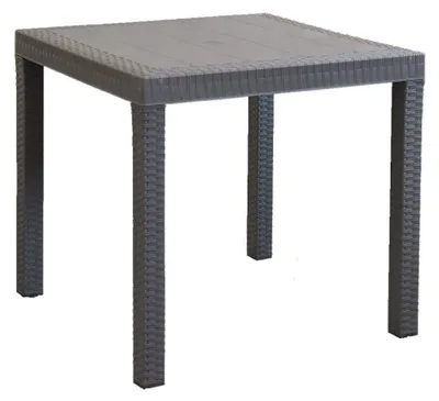Zdjęcie produktu dla Kwadratowy stół ogrodowy 80 x 80 cm z tworzywa sztucznego imitującego wiklinę, z regulowanymi nogami i otworem na parasol w środku – Nasa – DarkGray