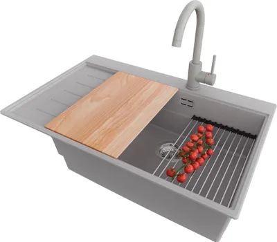 Produktbild von PRIMAGRAN Granitspüle Grau 78x50cm, Spülbecken 1 Becken + Küchenarmatur 32x20cm + Ablauf-Set + Küchenzubehörset, Küchenspüle ab 60er Unterschrank - Sydney