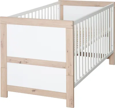 Produktbild von roba Babybett Malo 70 x 140 cm - Mitwachsendes Gitterbett - Höhenverstellbar - Umbaubar zum Juniorbett - Holz weiß lackiert / Nachbildung Artisan Eiche