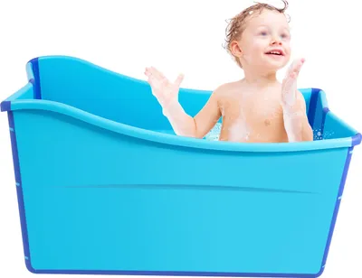 A child is taking a bath in a blue portable bathtub.