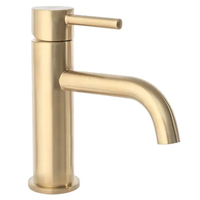 A single gold faucet on a white background.