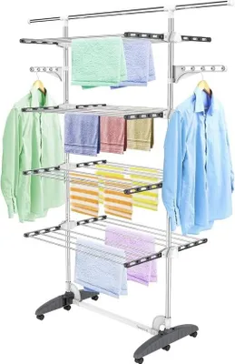 Image de Tour à linge, pliable, 4 niveaux, tubes en acier inoxydable, séchoir à linge avec 6 roulettes, barre supérieure extensible, ailes, mobile, pour buanderie et salle de bain, gris
