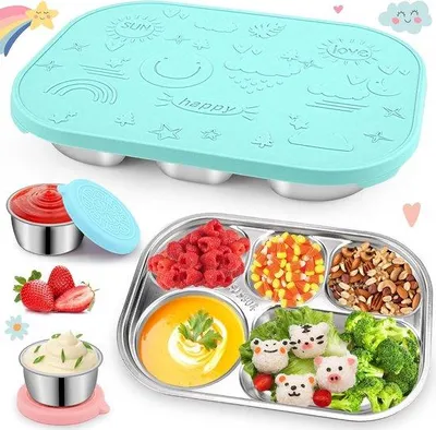 Immagine prodotto di Contenitore per il pranzo in acciaio inossidabile a 5 scomparti, con coperchio in silicone, turchese
