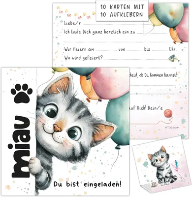 Produktbild von Einladungskarten 14,8x14,8 cm, 10-teiliges Set, Katze, für Kindergeburtstag
