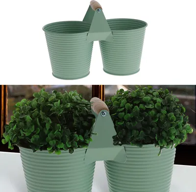 A double planter pot with a handle, shown against a white background and then with plants inside in a lifestyle setting.