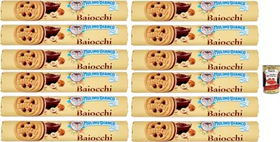Produktbild von Mulino Bianco Baiocchi Biscotti Snack Farciti con Crema alla Nocciola e Cacao, Snack Kekse mit Haselnusscreme und Kakao gefüllt, 12x 168 g + Italian Gourmet polpa 400g