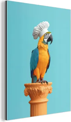 Produktbild von MuchoWow Wanddekoration Metall Metallbild Wandkunst 30x40 cm Papagei - Kochmütze - Lustig - Vogel MuchoWow Aluminium Gemälde - Bilder