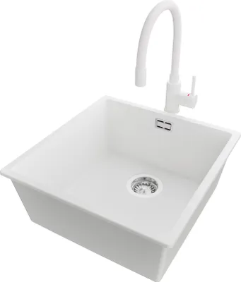 Produktbild von PRIMAGRAN Granitspüle Weiß 46x47cm, Spülbecken 1 Becken + Küchenarmatur 38x14cm + Ablauf-Set, Küchenspüle ab 50er Unterschrank - London Slim