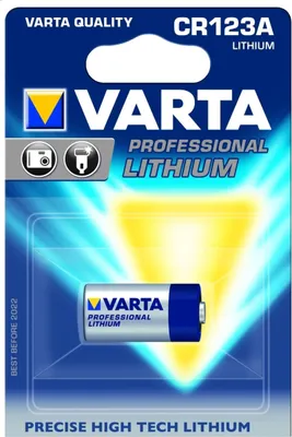 A Varta CR123A Lithium battery in its retail packaging.