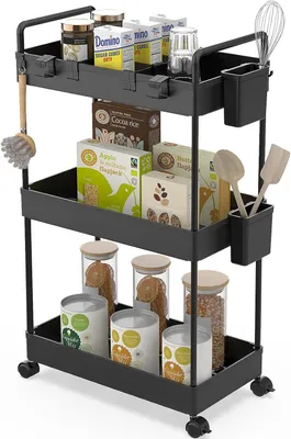 Immagine prodotto di Carrello a 3 ripiani, con ruote e contenitori, per la cucina, colore nero