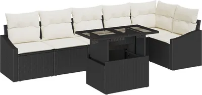 Produktbild von Möbel 7-teiliges Garten-Sofa-Set mit Kissen Schwarz Poly-Rattan - Gartensofas 3349013