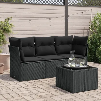Produktbild von 4-tlg. Garten-Sofagarnitur mit Kissen Schwarz Poly Rattan, Sitzgruppe 3249054