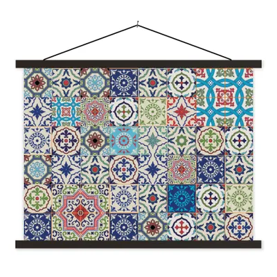 Produktbild von MuchoWow® Textilposter Blumen - Muster - Grün - Blau 150x113 cm mit holzfarbenen Rahmen - Poster