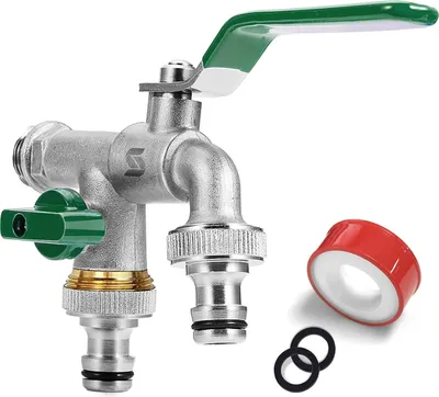 Produktbild von Garten Wasserhahn,Doppel Auslaufhahn 1/2 Zoll,aus Messing Rost-und Frostsicher, mit 2 x Schlauchanschlüsse,1x Rollendichtband,Doppelanschluss und Schlauchtülle für,für Garten(Grün)