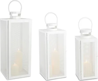 Produktbild von Laternen Set 3-teilig | Weiß Metall mit Gitter | 35 - 54 cm mit Henkel | 27468