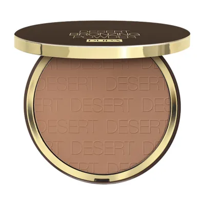 A bronzing powder compact with the lid open, showing the powder inside.
