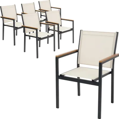 Produktbild von ML-Design Gartenstühle 6er Set mit Armlehnen Beige Balkonstuhl aus Textilene mit Aluminiumgestell wetterfest stapelbar für Garten Balkon Terrasse