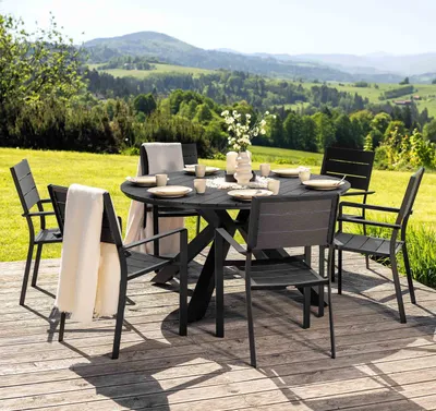 Produktbild von di volio Gartenmöbel OSIMO, Gartenmöbel Set - runder Esstisch & 6 Stühle, aus Kunstholz und Aluminium, stapelbare Stühle, robust & wetterfest