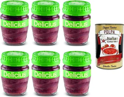 Produktbild von 6x Delicius Filetti Di Alici In Olio Di Girasole,Sardellenfilets in Sonnenblumenöl,Hochwertiger Blauer Fisch,Glas 58g + Italian Gourmet Polpa di Pomodoro 400g Dose