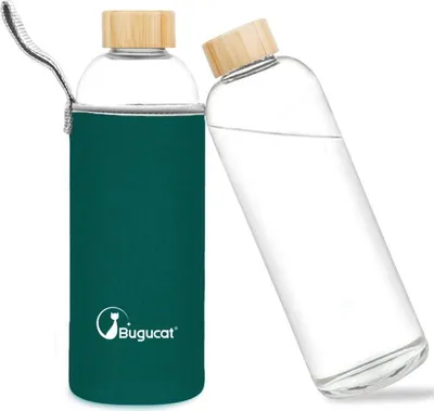 Produktbild von Bugucat Glasflasche 1 Liter Borosilikat Trinkflasche Auslaufsicher Dunkelgrün