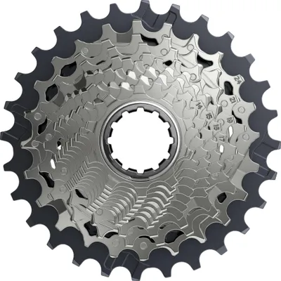 A close-up, studio shot of a bicycle cassette.