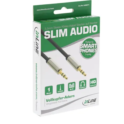 Produktbild von InLine Basic Slim Audio Kabel Klinke 3,5mm ST/ST, Stereo, 1m, 3.5mm, Männlich, 3.5mm, Männlich, 1 m, Schwarz, Silber