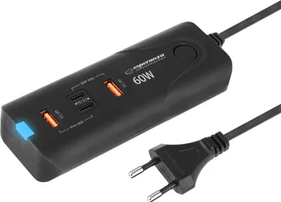Imagen del producto de Cargador Esperanza de 60 W, con 2 puertos USB-C (PD 30 W) y 2 puertos USB-A (QC 3.0 18 W)