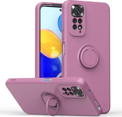 A purple phone case with a ring holder is displayed from multiple angles.