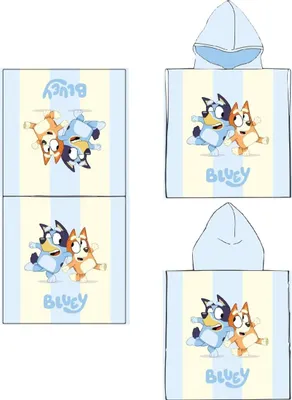 Imagen del producto de Poncho con capucha para niños Bluey, ideal para la playa o para secarse después de la ducha, medidas 100x50 cm