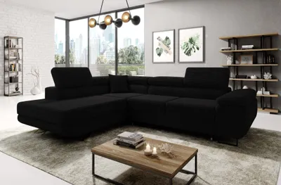 Produktbild von Easy4You Ecksofa Schwarz Astorp Kord L-Form – 277 cm - Schlafsofa mit Bettkasten und Schlaffunktion - Eckcouch mit Stauraum und Metallfüße – Links – Stoff Kord Poso 135