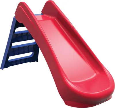 A red and blue plastic slide for children, shown against a white background.
