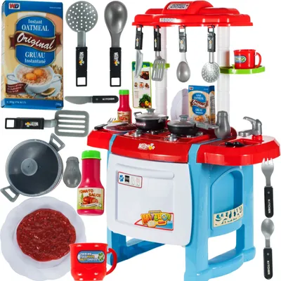 Produktbild von MalPlay Kinderküche Spielküche mit 2 Herdplatten Kochgeschirr, inkl. Licht Kochgeräuschen Rollenspiel Geschenk für Jungen Mädchen ab 3 Jahren Blau