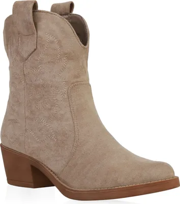 Produktbild von VAN HILL Damen Stiefeletten Spitze Cowboy Boots Stickereien Western Schuhe 835978, Farbe: Khaki Velours, Größe: 37