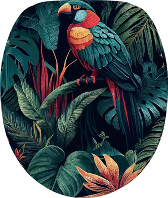 A colorful parrot perched on a branch amidst lush tropical foliage.