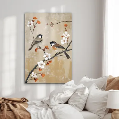 Produktbild von MuchoWow Wanddekoration Metall Metallbild Wandkunst 60x90 cm Vögel - Blütenzweig - Orange MuchoWow Aluminium Gemälde - Wandbilder - Aluminium