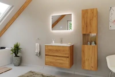 Produktbild von Badmöbel Set Taifun 3tlg. 70cm mit LED Spiegel & Hochschrank eiche gold : Eiche Gold Varianten: Eiche Gold