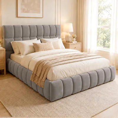 Produktbild von okwish Polsterbett 140×200 mit gepolstertem Kopfteil, Doppelbett mit Polsterumrandung,Samt, Jugendbett in Grau,ohne Matratze