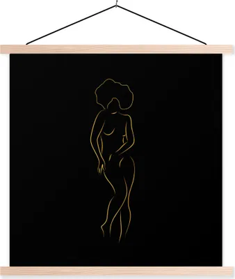 Produktbild von MuchoWow® Textilposter Frau - Schwarz - Gold - Strichzeichnung 120x120 cm mit holzfarbenen Rahmen - Textil-Poster