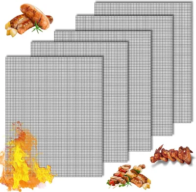 Obrázek produktu pro 5dílná grilovací podložka, kterou lze přizpůsobit na míru, 42 x 36 cm, teflonová grilovací podložka, opakovaně použitelná, vhodná pro plynové, uhlíkové a elektrické grily, trouby a fritézy na horký vzduch