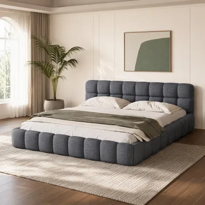 Immagine prodotto di INONEFT Bubble Bett 140x200, letto imbottito con rete a doghe, letto matrimoniale per ragazzi, struttura letto con testiera imbottita, tessuto di lino, colore grigio