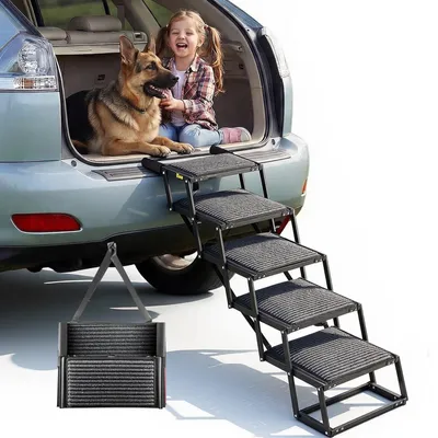 Produktbild von Hundetreppe & Hunderampe Einstiegshilfe - 5-Stufig Klappbar - Extra Breit - Weicher Filzteppich - Rutschfest - Belastbar bis 90 kg - Für Große Hunde - Für Auto/SUV/LKW