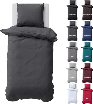 Produktbild von Bettwäsche 135x200 cm Bettbezug 100%Baumwolle Renforce Einfarbig Bettgarnitur Set Anthrazit 2 teilig