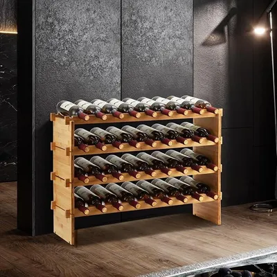 Imagen del producto de Estantería modular para vino apilable, fabricada en bambú. Soporte para botellas independiente y estable. Madera maciza, ideal para bar, bodega o cocina. Capacidad para 36 botellas, con 4 niveles, dimensiones: 84 x 26 x 54 cm